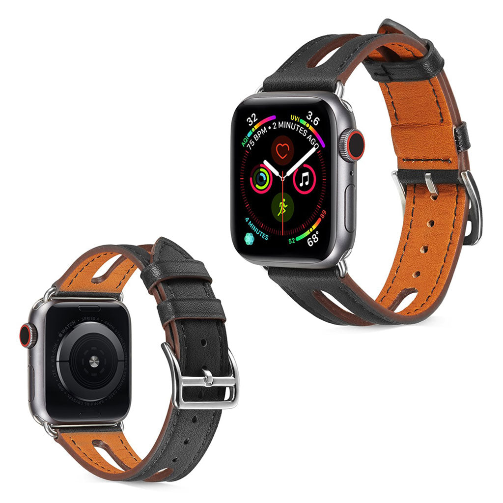 Apple Watch Series 5 44mm / Apple Watch 44mm Ægte læder Rem - Sort#serie_1