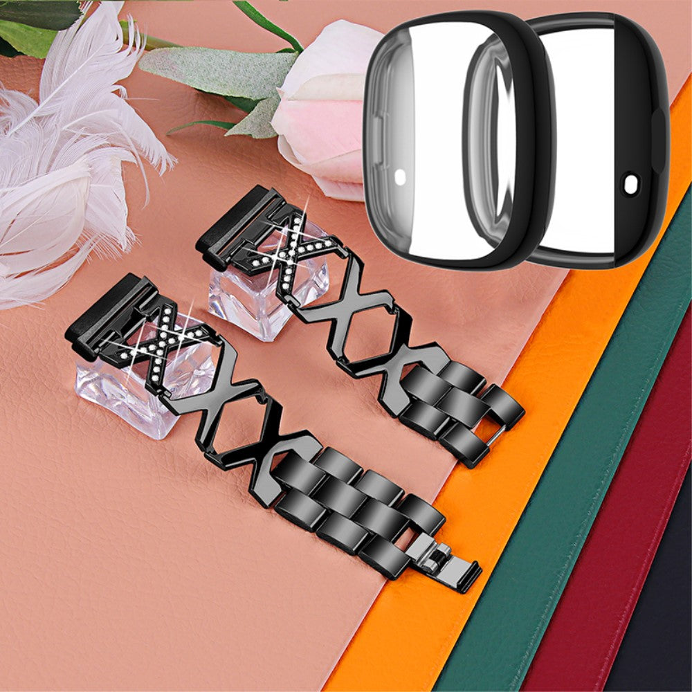 Fitbit Sense / Fitbit Versa 3 Metal Rem med Cover - Sort#serie_2