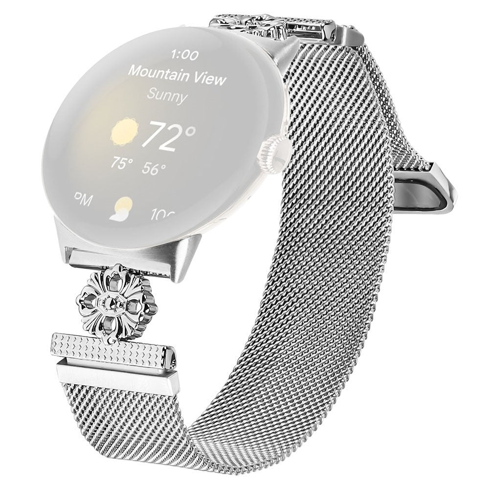 Google Pixel Watch Milanese Band Flower Stainless Steel Magnetic Mesh Watch Strap - Silver#serie_176