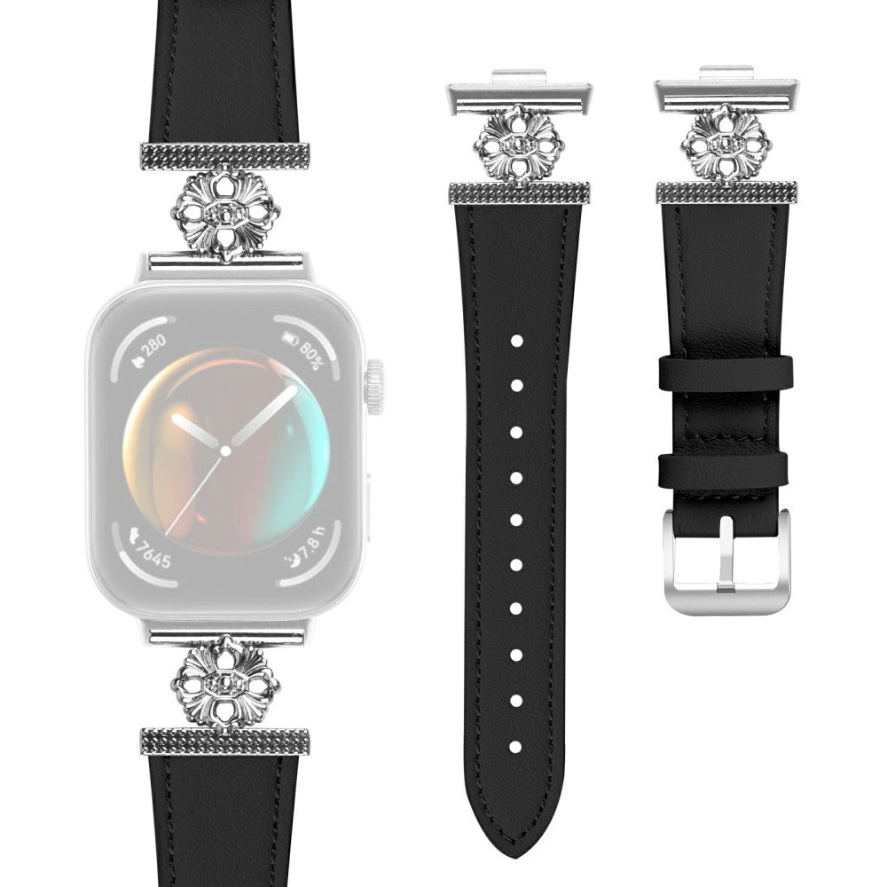 Huawei Watch Fit 3 Watch Band Genuine Cow Leather Flower Decor Adjustable Strap - Black#serie_2