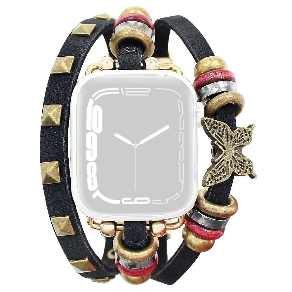Leather Bracelet Strap Apple Watch Series 41mm - 40mm - 38mm Rivet Decor Watch Band - Black#serie_1