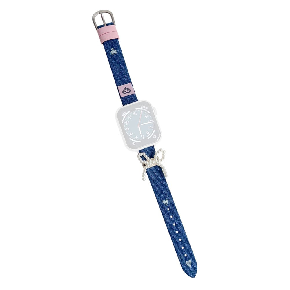Wrist Strap Apple Watch Series 41mm - 40mm - 38mm Pearl Bowknot Denim Leather Watch Band - Love Heart#serie_2