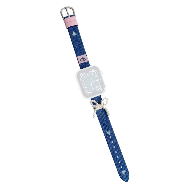 Wrist Strap Apple Watch Series 41mm - 40mm - 38mm Pearl Bowknot Denim Leather Watch Band - Love Heart#serie_2