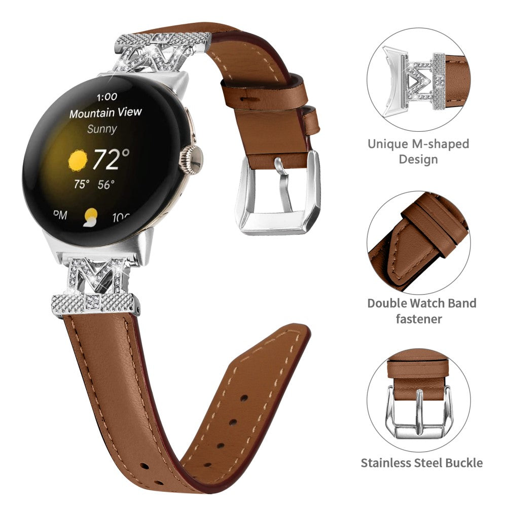 Ægte Læder Og Rhinsten Universal Rem passer til Google Pixel Watch 2 / Google Pixel Watch - Brun#serie_1