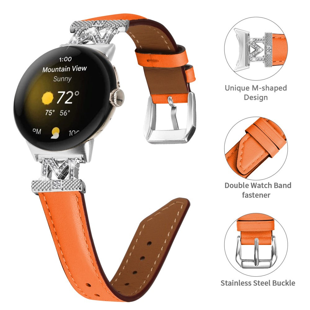 Ægte Læder Og Rhinsten Universal Rem passer til Google Pixel Watch 2 / Google Pixel Watch - Orange#serie_2