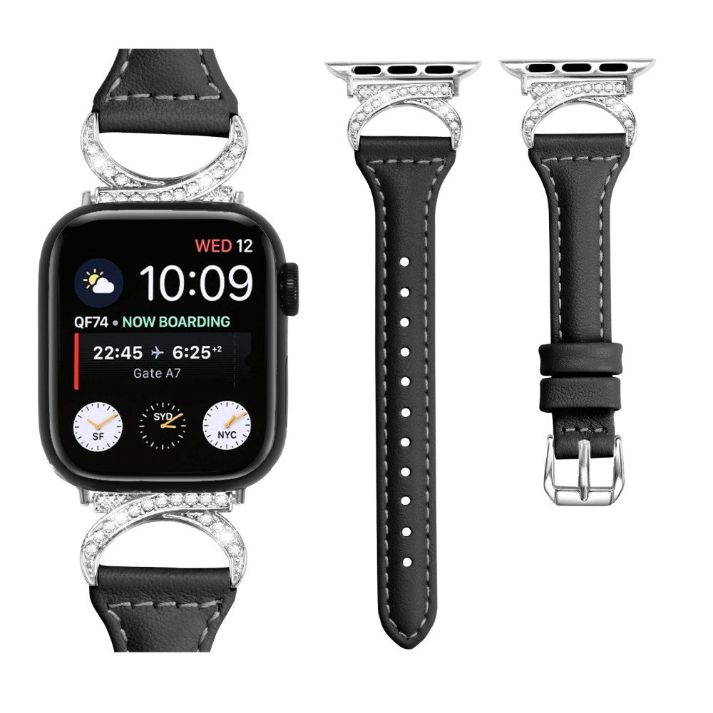 Smuk Ægte Læder Og Rhinsten Universal Rem passer til Apple Smartwatch - Sort#serie_1