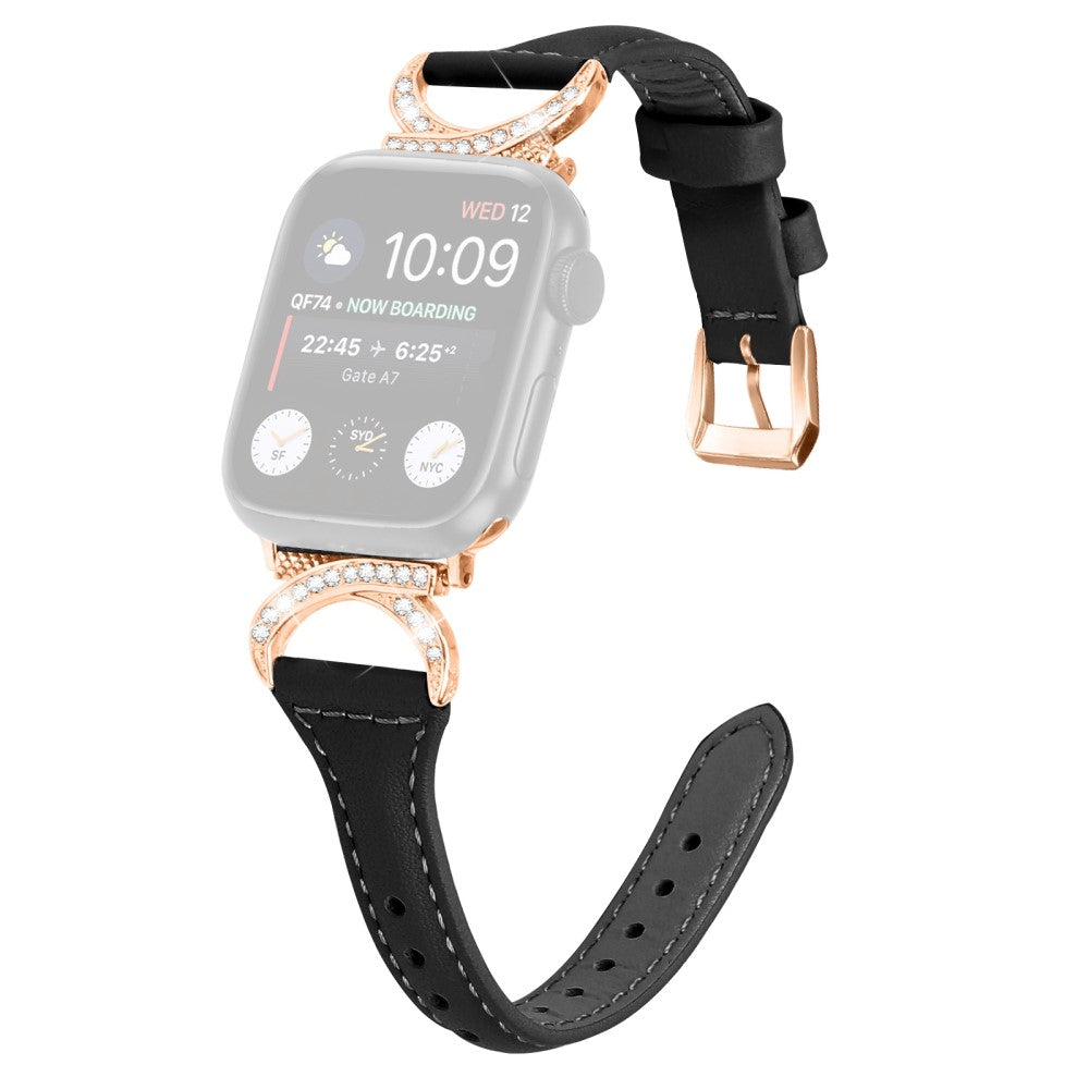 Solid Ægte Læder Og Rhinsten Universal Rem passer til Apple Smartwatch - Sort#serie_1