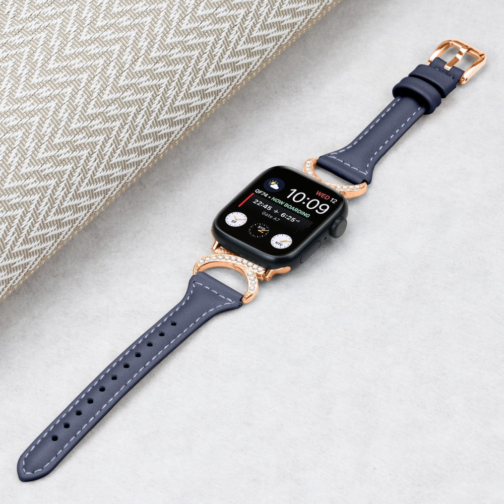 Solid Ægte Læder Og Rhinsten Universal Rem passer til Apple Smartwatch - Blå#serie_2