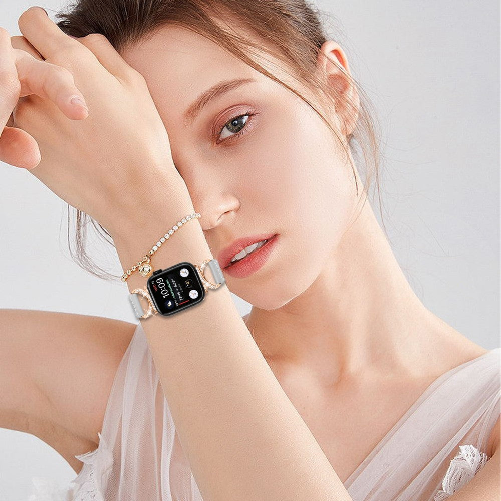 Solid Ægte Læder Og Rhinsten Universal Rem passer til Apple Smartwatch - Sølv#serie_3