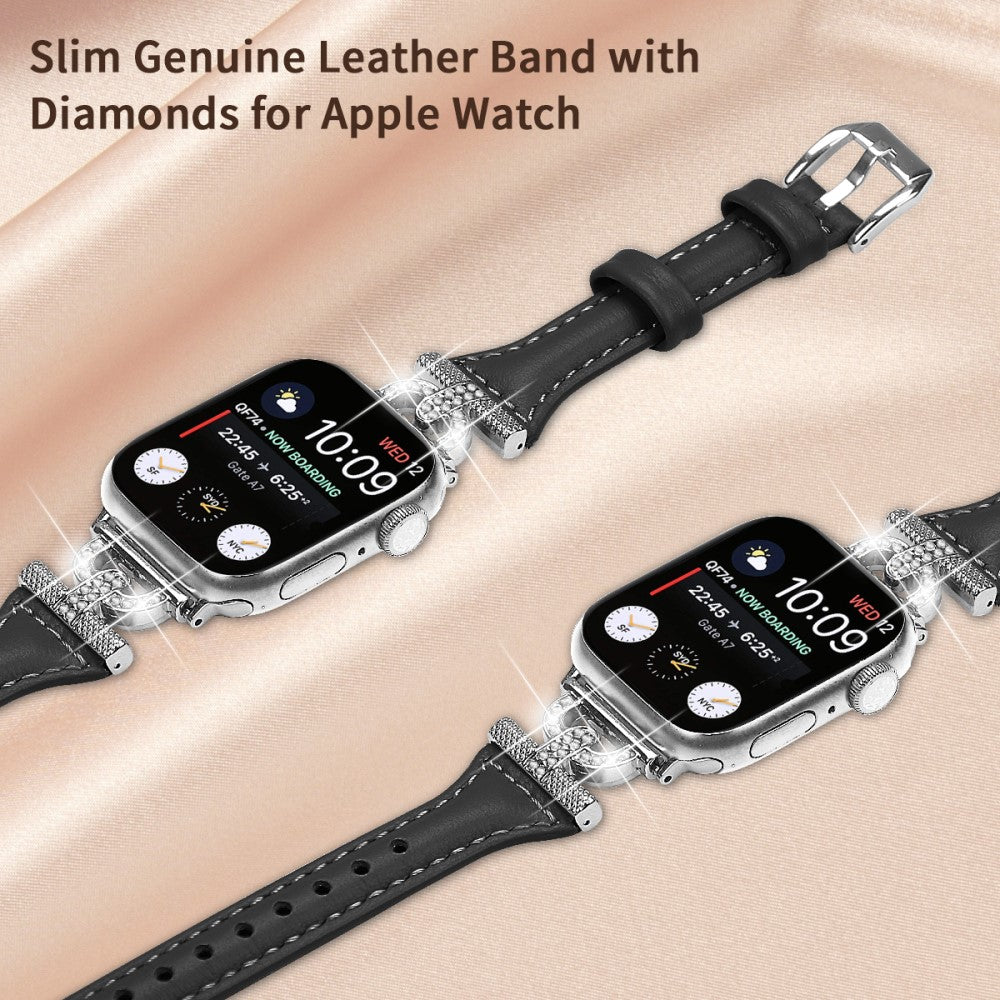 Pænt Ægte Læder Og Rhinsten Universal Rem passer til Apple Smartwatch - Sort#serie_2