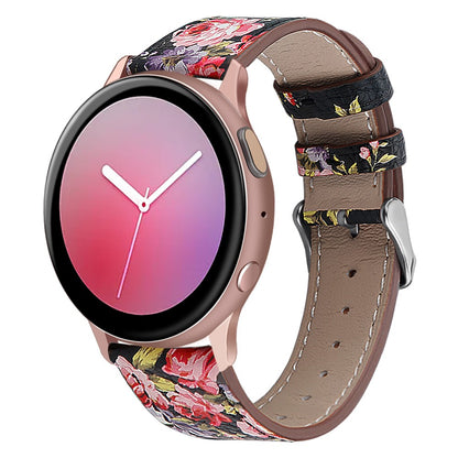 22mm Universal cowhide genuine leather watch strap - Black / Pink Flower#serie_3