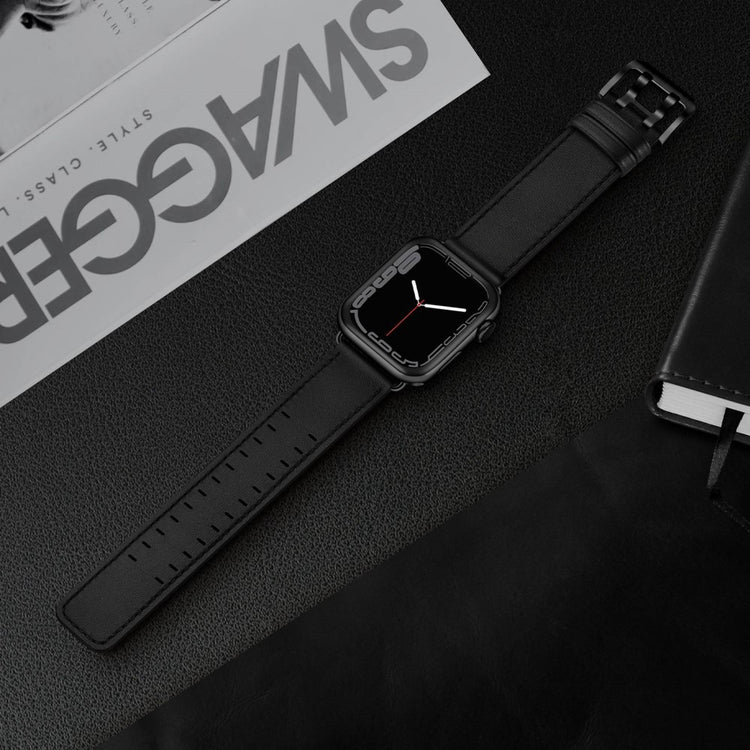 Slidstærk Apple Watch Series 7 45mm Ægte læder Urrem - Sort#serie_1