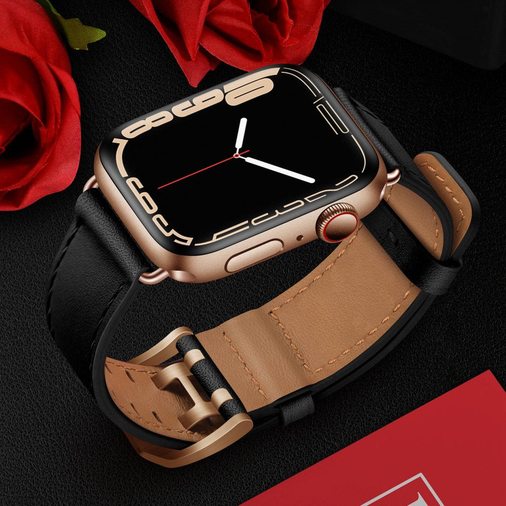Slidstærk Apple Watch Series 7 45mm Ægte læder Urrem - Sort#serie_3