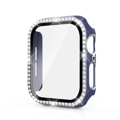 Meget Fed Apple Watch 44mm Cover med Skærmbeskytter i Plastik, Rhinsten og Hærdet Glas - Blå#serie_11