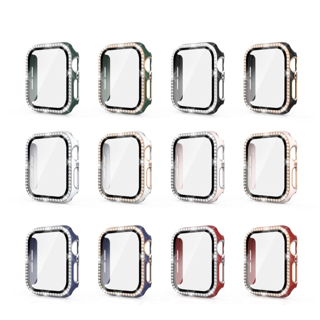 Meget Fed Apple Watch 44mm Cover med Skærmbeskytter i Plastik, Rhinsten og Hærdet Glas - Hvid#serie_2