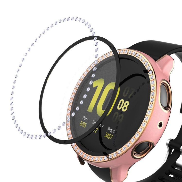 Fint Samsung Galaxy Watch Active 2 - 44mm Cover med Skærmbeskytter i Plastik, Rhinsten og Hærdet Glas - Pink#serie_2