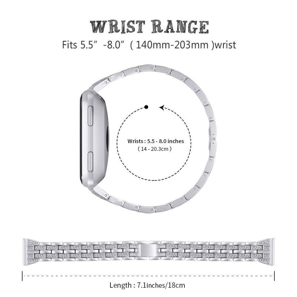 Mega fint Fitbit Versa Lite Metal og Rhinsten Rem - Sølv#serie_3