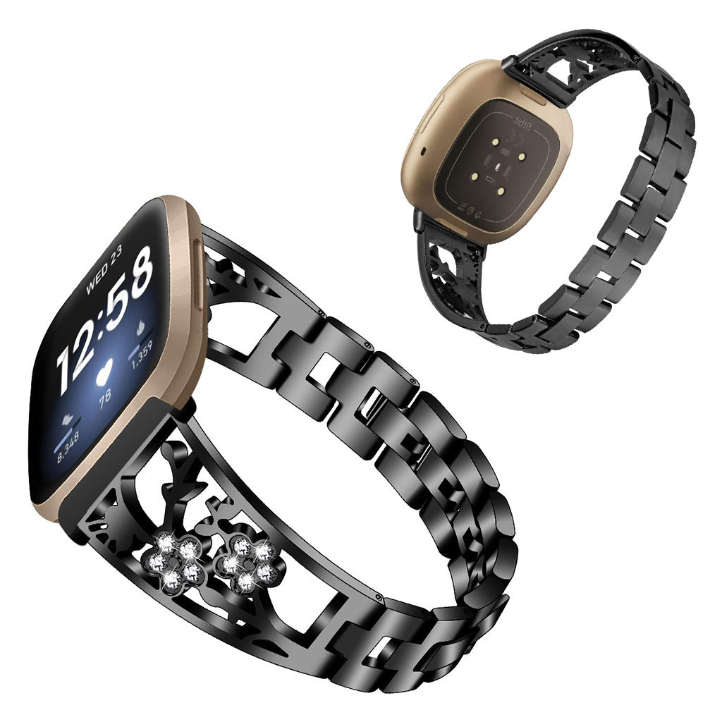 Smuk Fitbit Versa 3 / Fitbit Sense Metal og Rhinsten Rem - Sort#serie_1