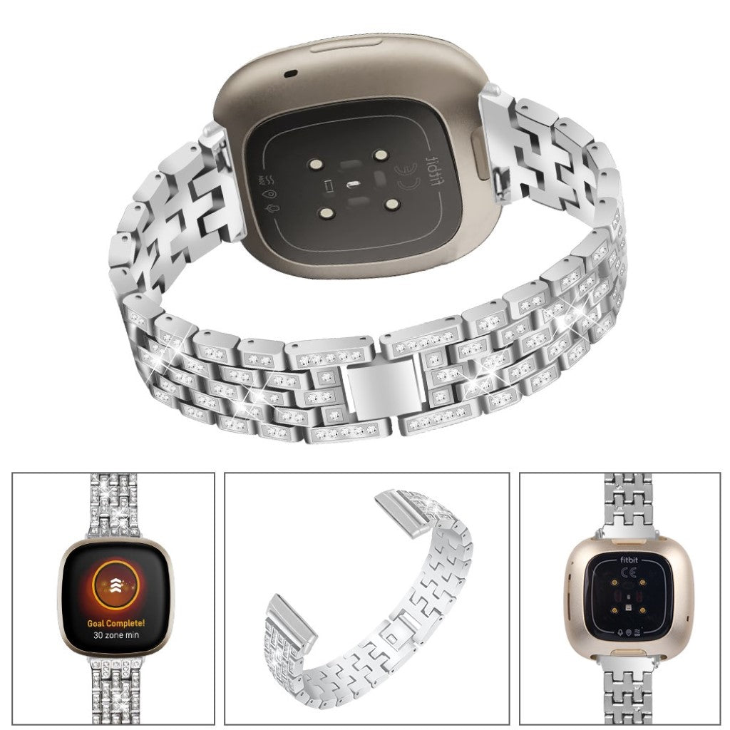 Smuk Fitbit Versa 3 / Fitbit Sense Metal og Rhinsten Rem - Sølv#serie_2